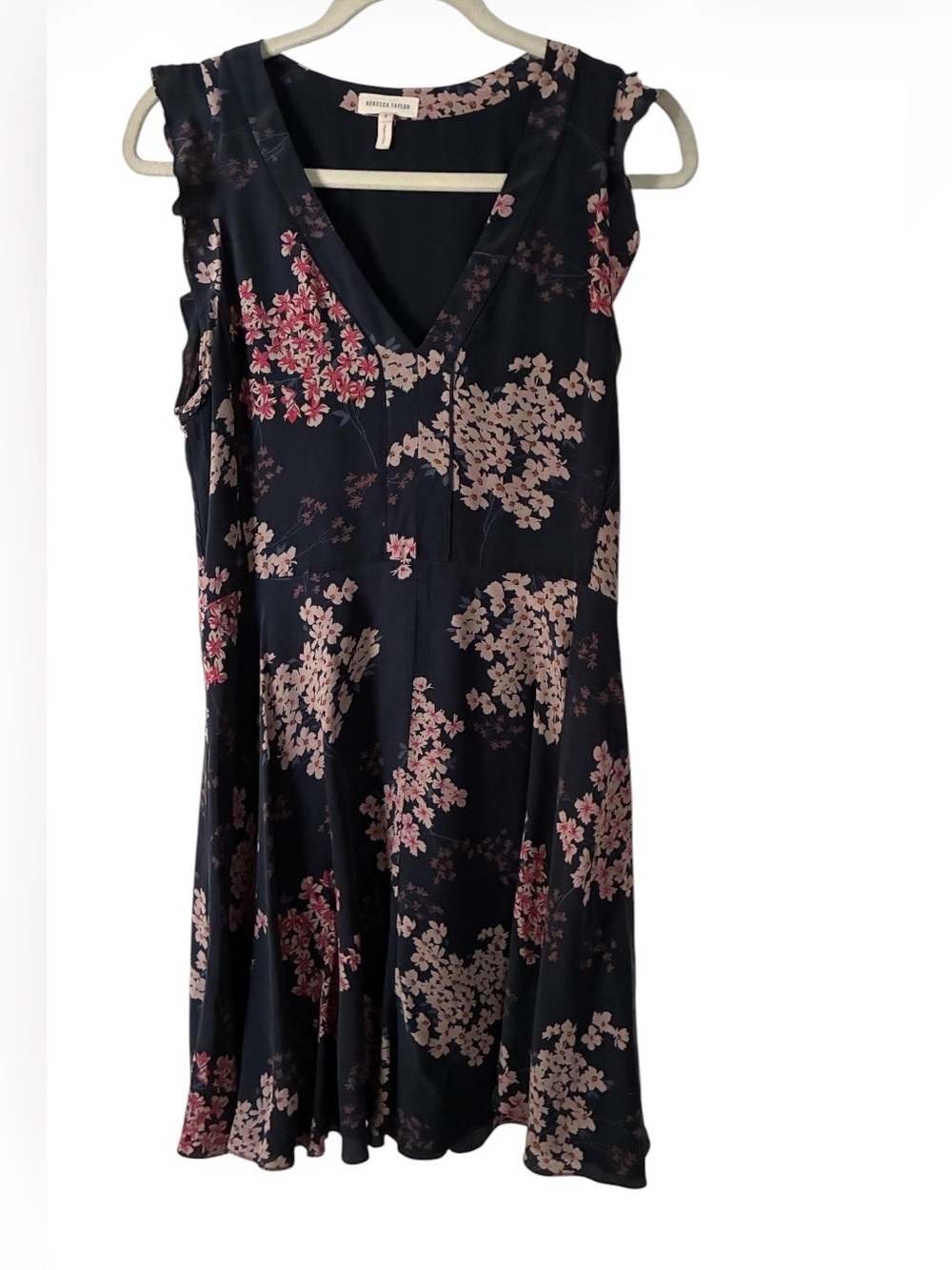 Rebecca Taylor - Navy w/Light Pink Floral 100% Silk Dress Sz 8